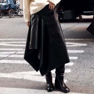 Zara Black Vegan leather Asymmetrical Midi Skirt